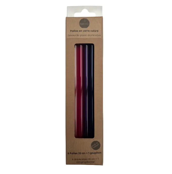 SET van 6 GLAZEN DRANKRIETJES - gekleurd - 20 cm + 1 reinigingsborstel
